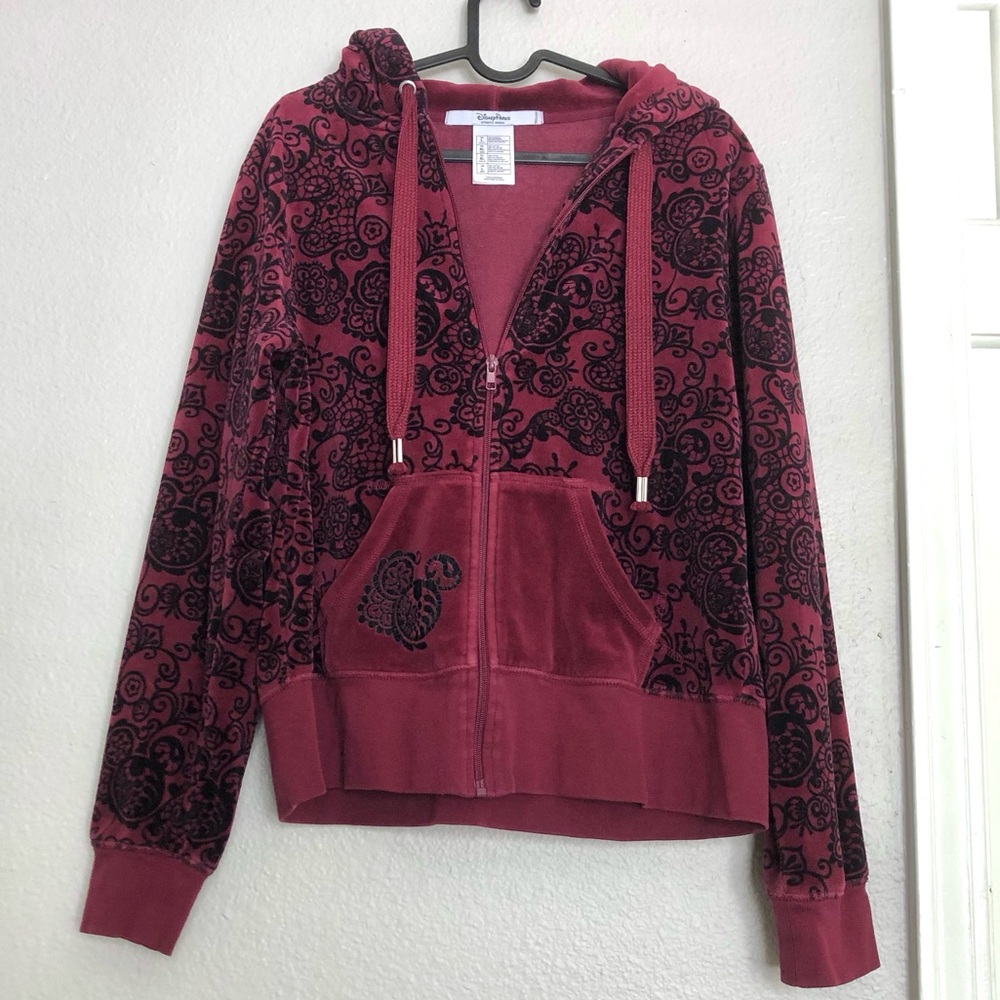 Disney Burgundy Velour Zip Hoodie with Black Floral And Mickey Ears Print